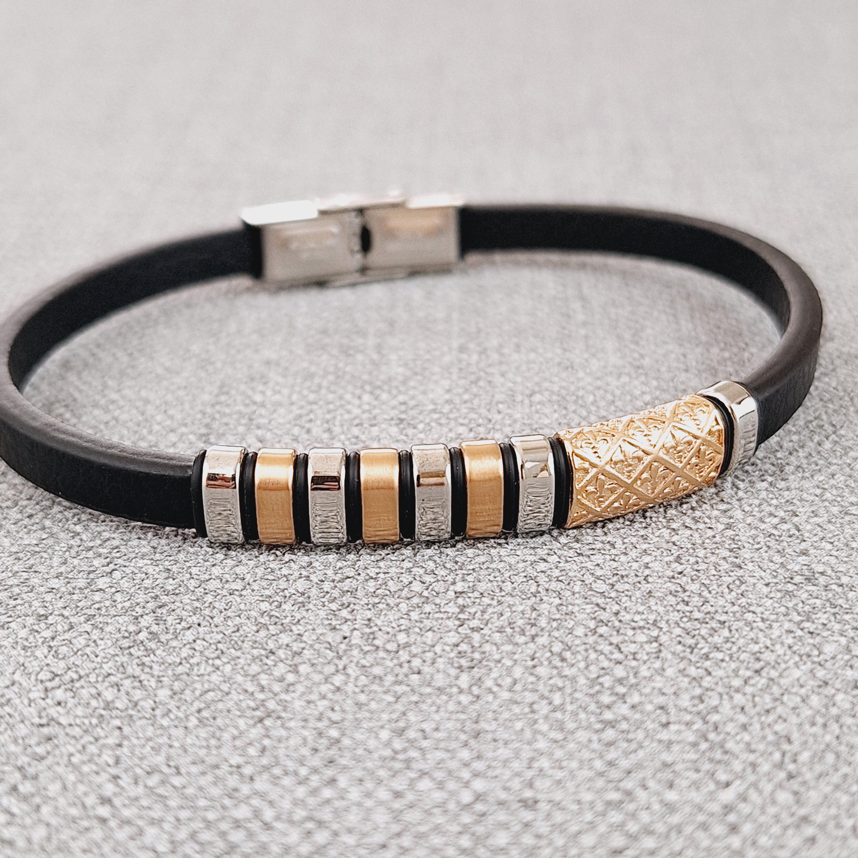 Adjustable Black Vegan Leather Bracelet: Stainless & Rose Gold