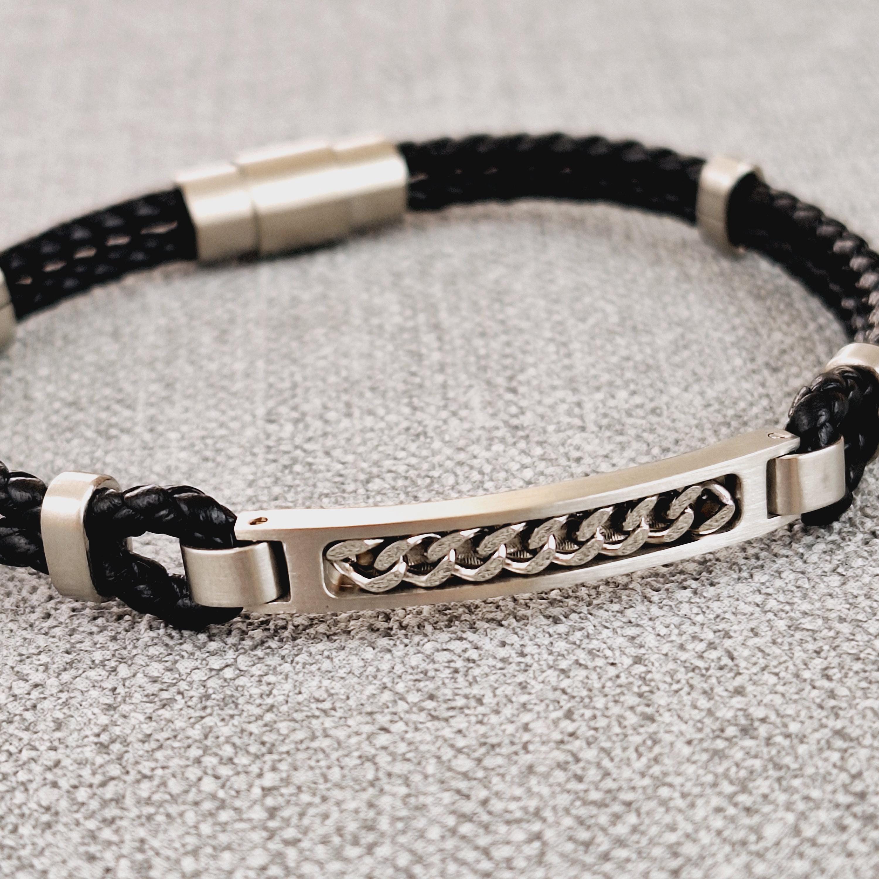 Black Vegan Leather Bracelet With Stainless Steel Plate - Etsy