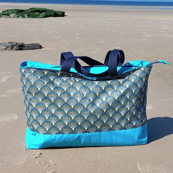 Sac de plage en tissu enduit motif japonais éventails et turquoise
