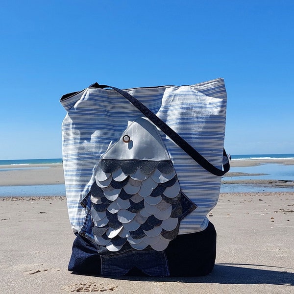 Sac de plage en coton et tissu japonais "poisson d'argent"