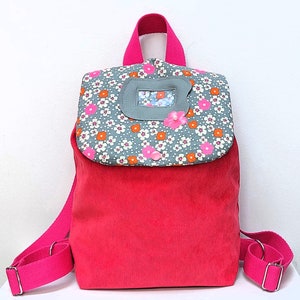 Sac à dos enfant, sac d'école en velours rose et coton " Fleurs des îles"