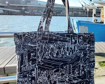 Sac cabas réversible en tissu de créateur et tissu enduit "Paris Hong Kong"