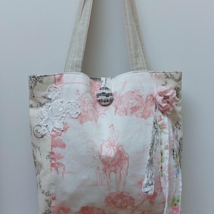 Shabby chic style tote bag in designer fabric with a horse racing theme