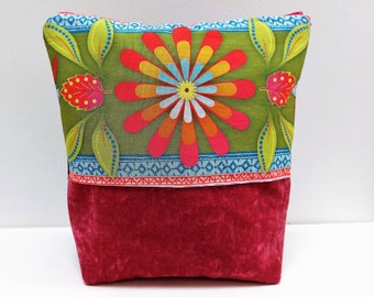 Pochette, trousse de maquillage en velours rose et prune, bandeau fleuri