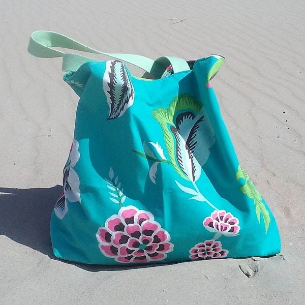 Sac de plage, grand cabas en tissu de designer et lin fuchsia