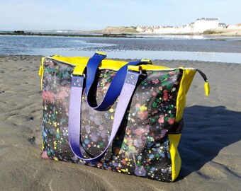 Sac de plage en lin enduit de Normandie noir et taches multicolores façon peinture