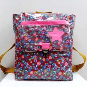 Sac à dos façon cartable  en coton enduit rouge foncé et ronds multicolores "starlette"