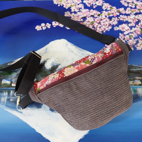 Sac banane en velours côtelé gris et tissu japonais fleuri