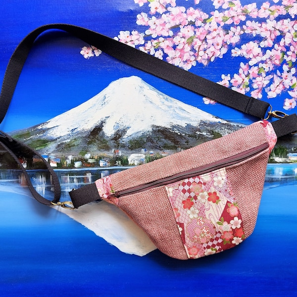 Belt bag in old pink woolen fabric and Japanese fabric