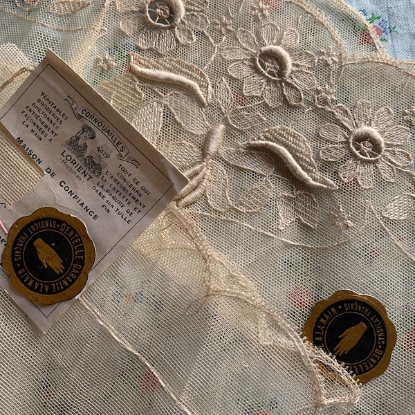 Antique French hand embroidered lace insert on tulle, net, with original labels, lingerie, costume, dressmaking, couture