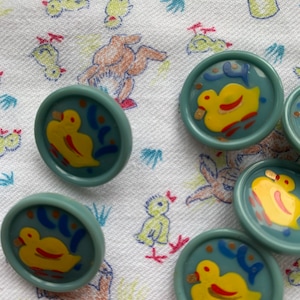 Vintage French set of 6 hand painted duck motif buttons, craft supplies, sewing, dressmaking, childrens buttons.