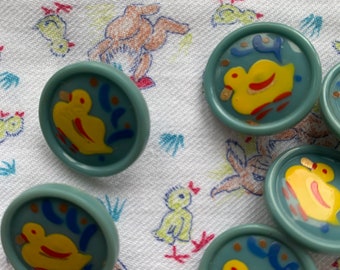 ensemble français vintage de 6 boutons de motif de canard peints à la main, fournitures d'artisanat, couture, couture, boutons pour enfants.
