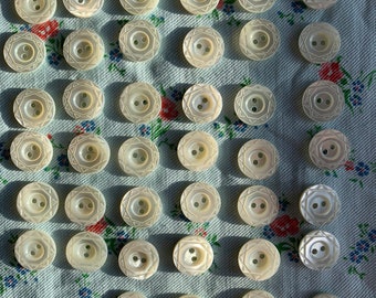 Vintage French Mother of Pearl Engraved Buttons, Set of 40, 12mm