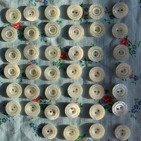 Vintage French mop, mother of pearl engraved buttons, set of 40, craft supplies, sewing , dressmaking.