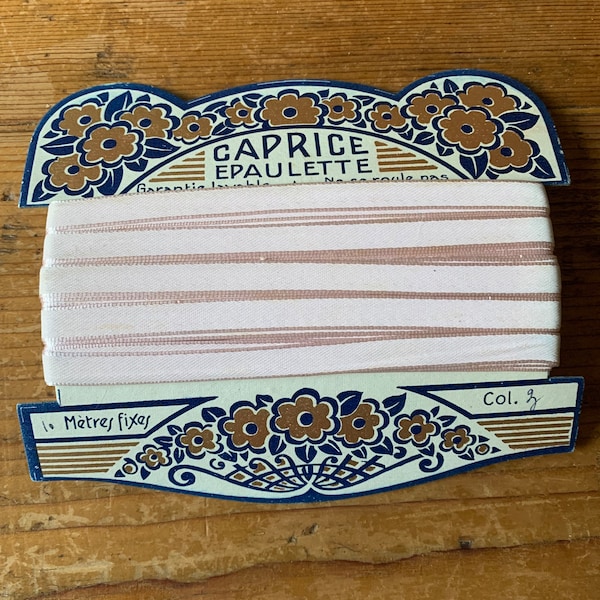 Vintage French complete card of pale pink trim, 10 metre length, deadstock, trim, ribbon, lingerie, costume, dressmaking.