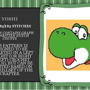 Könnte beinhalten: Ein Häkelmuster für eine grüne Yoshi-Figur aus der Super Mario-Videospielserie. Das Muster ist 85 Maschen mal 85 Maschen groß und enthält ein Diagramm und schriftliche Maschenzählungen. Das Muster kann von links nach rechts oder von rechts nach links gehäkelt werden.