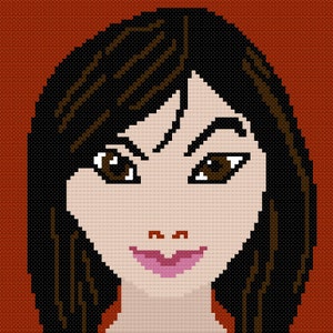 Op de afbeelding: Een digitale illustratie van een vrouw met zwart haar en bruine ogen. Ze glimlacht en heeft een lichtroze mond. De achtergrond is effen rood.