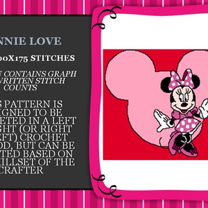 Può includere: Uno schema all'uncinetto per Minnie Mouse, con uno schema di colori rosa e bianco. Lo schema è largo 200 punti e alto 175 punti. Lo schema include un grafico e conteggi dei punti scritti.