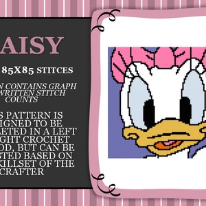 Może przedstawiać: Wzór na szydełko do postaci Daisy Duck. Wzór ma 85 oczek na 85 oczek i zawiera schemat oraz pisemne liczenie oczek. Wzór został zaprojektowany do wykonania metodą szydełkowania od lewej do prawej, ale można go dostosować do umiejętności osoby szydełkującej.