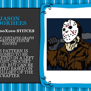 Könnte beinhalten: Ein Häkelmuster für ein 100x100-Stiche-Design von Jason Voorhees aus der Freitag der 13. Franchise. Das Muster enthält ein Diagramm und schriftliche Stichzählungen. Das Muster ist so konzipiert, dass es in einer Häkelmethode von links nach rechts ausgeführt wird, kann aber an die Fähigkeiten des Häkeler angepasst werden.