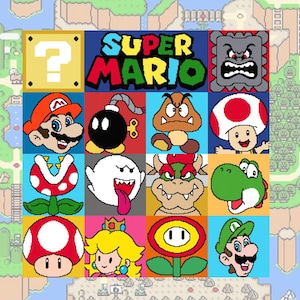 May include: A colorful grid of Super Mario Bros. characters, including Mario, Luigi, Bowser, Peach, Toad, and more. The grid is set against a background of a Super Mario Bros. level.
