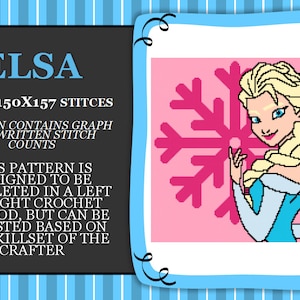 Op de afbeelding: Een haakpatroon voor Elsa uit Frozen, met een roze sneeuwvlokkenachtergrond en een close-up van Elsa's gezicht. Het patroon is 150 steken breed en 157 steken hoog. Het patroon bevat een grafiek en geschreven stekentellingen. Het patroon is ontworpen om in een haakmethode van links naar rechts te worden voltooid, maar kan worden aangepast op basis van de vaardigheden van de haakster.