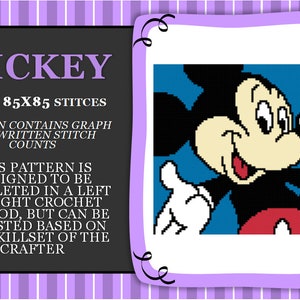Könnte beinhalten: Ein Häkelmuster für Mickey Mouse mit einem bunten Pixelbild von Mickey Mouse mit roter Nase und weißen Handschuhen. Das Muster ist 85 Maschen mal 85 Maschen groß und enthält ein Diagramm und schriftliche Maschenzählungen. Das Muster ist so konzipiert, dass es in einer Häkeltechnik von links nach rechts ausgeführt wird, kann aber an die Fähigkeiten des Häklers angepasst werden.