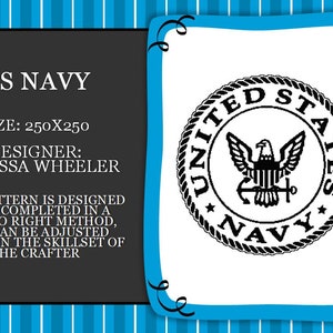 May include: A black and white digital cross stitch pattern of the United States Navy seal. The pattern is 250 pixels by 250 pixels and designed by Vanessa Wheeler.