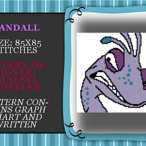 Puede incluir: Patrón de punto de cruz para Randall de Monstruos S.A. El patrón es de 85 x 85 puntos y incluye un gráfico y instrucciones escritas. El patrón está diseñado por Vanessa Wheeler.