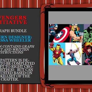 Può includere: Un pacchetto di modelli di uncinetto digitali con sei personaggi degli Avengers. L'immagine include illustrazioni di Capitan America, Thor, Hulk, Iron Man, Occhio di Falco e Vedova Nera. Il testo sull'immagine recita "Avengers Initiative" e "Pattern Designer: Vanessa Wheeler."