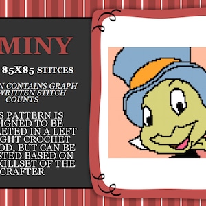 Può includere: Uno schema all'uncinetto per un personaggio dei cartoni animati di nome Jiminy Cricket. Lo schema è di 85 punti per 85 punti e include un grafico e i conteggi dei punti scritti. Lo schema è progettato per essere completato con un metodo a uncinetto da sinistra a destra.