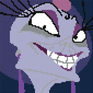May include: A close-up of a purple and gray cartoon character with a mischievous grin and large, white eyes. The character has a purple hat and long, black eyelashes.