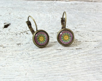 pendientes de bronce pendientes de palanca mandala amarillo púrpura 12 mm * diseño ligero y fresco, aspecto romántico