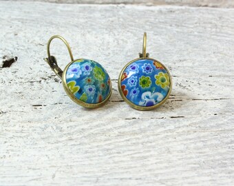 Pendientes de bronce de una sola pieza cuentas de vidrio de murano azul pendientes de palanca 16 mm * diseño ligero y fresco, aspecto romántico