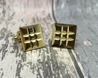 Square gold tone crosshatched cuff links for shirt cuffs - jewellery gift ideas  for men