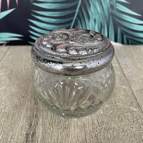 Avon glass  trinket or powder pot with silver coloured  lid -   dressing table decor