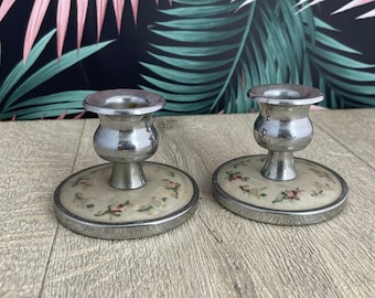 Chrome and needlepoint Candlesticks  from a 1950's Dressing Table Set - Pair of candle holders