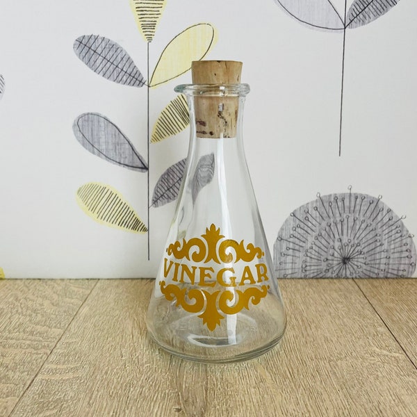 Glass vinegar jug with cork - retro jug with mustard yellow print - lab beaker style cruet jug