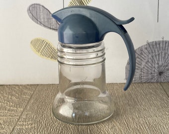 Diner style syrup or  sugar pourer - vintage glass and blue plastic serving jug - with damage