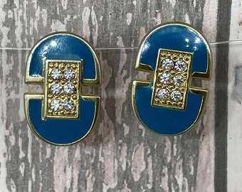 Blue enamel and rhinestone clip on  earrings - Vintage costume jewellery