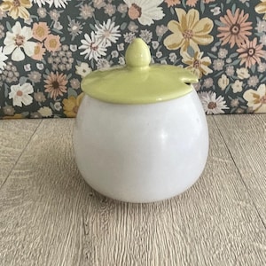 May include: A round white ceramic sugar bowl with a smooth finish and a pale lime green lid. The lid features a small central knob handle and a small notch on the side for a spoon. The container has a spherical body and a flat base for stability.