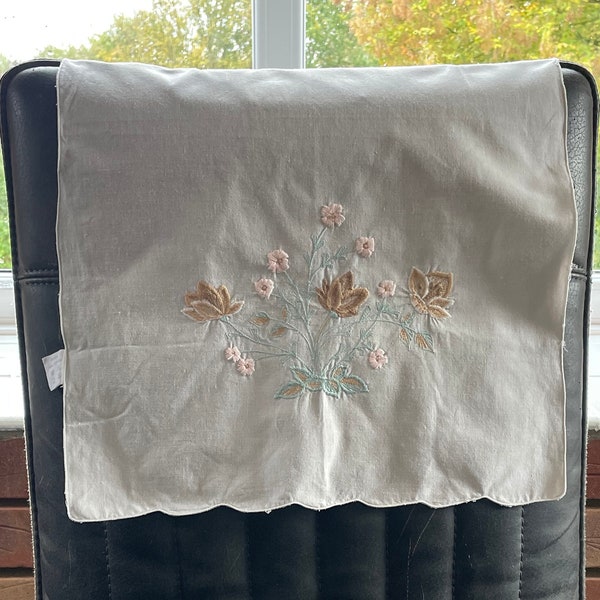 Cream embroidered chair back cover with pastel brown and green flower design, set of two with scalloped hem