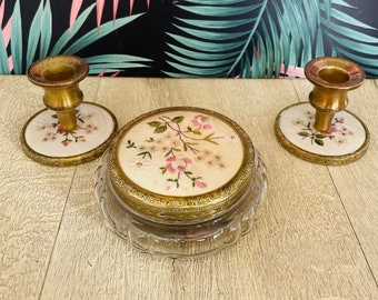 Candlesticks and powder pot   from  1950's Dressing Table Set - embroidered detail  vanity set