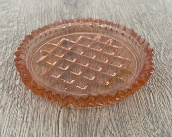 Small blush pink round glass pin or trinket dish from vintage dressing table set