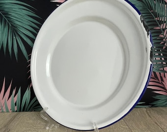 White enamelled dinner plate with chipped blue  rim - Peacock brand