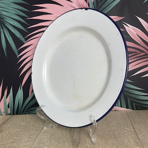 Small white  enamelled side plate with blue rim - vintage