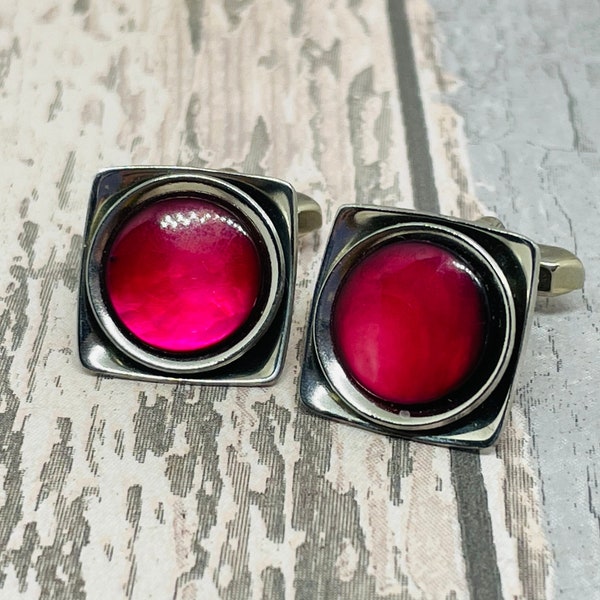 Mid century modern ruby red moonglow cuff links - vintage gift for a man  - Old Hollywood charm jewellery gifts