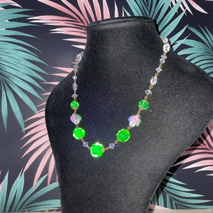 Vintage Checoslavkia  green uranium glass and floral bead necklace