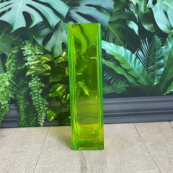 Contemporary lime green square vase - tall slender vase for flowers