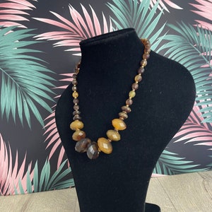 Brown and yellow beaded necklace - Princess length vintage faceted bead fakelite necklace
